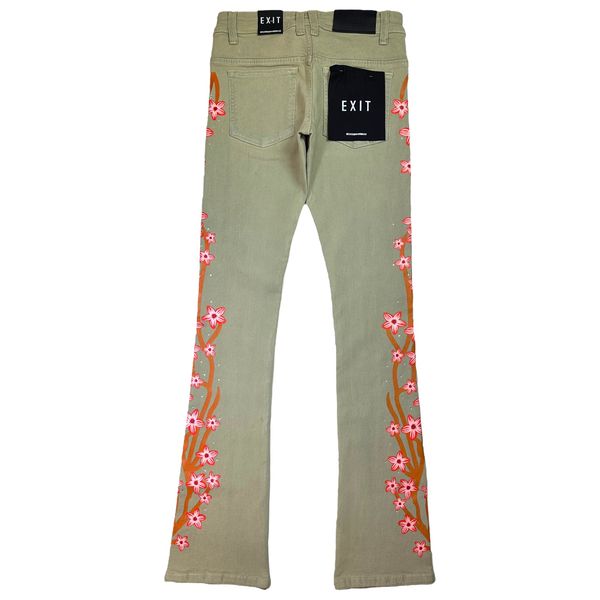 Cream Rhinestone Stacked Mens Jeans