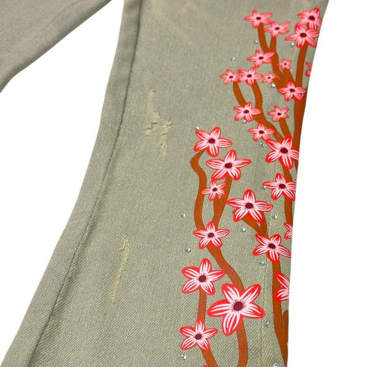 Cream Rhinestone Stacked Kids Jeans