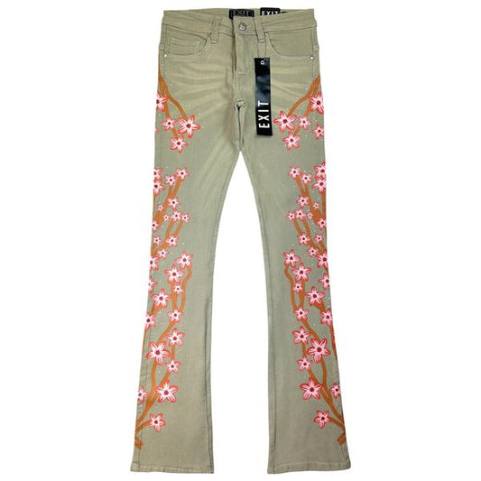 Cream Rhinestone Stacked Mens Jeans